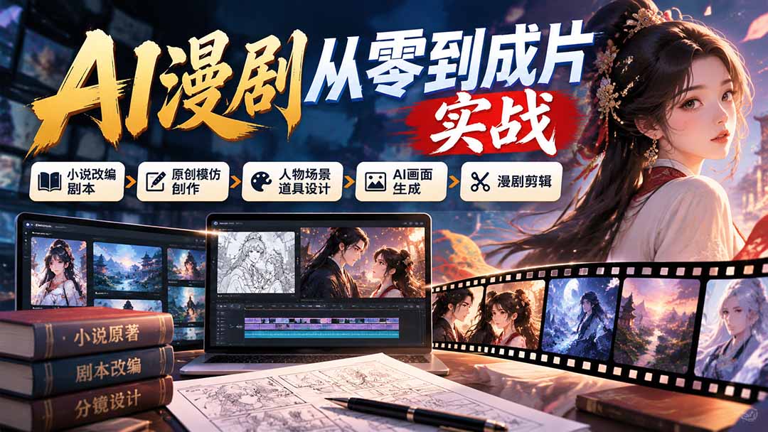 AI漫剧从零到成片实战：小说改编剧本、原创模仿创作、人物场景道具设计、AI画面生成与漫剧剪辑｜焦圣希 18818568866