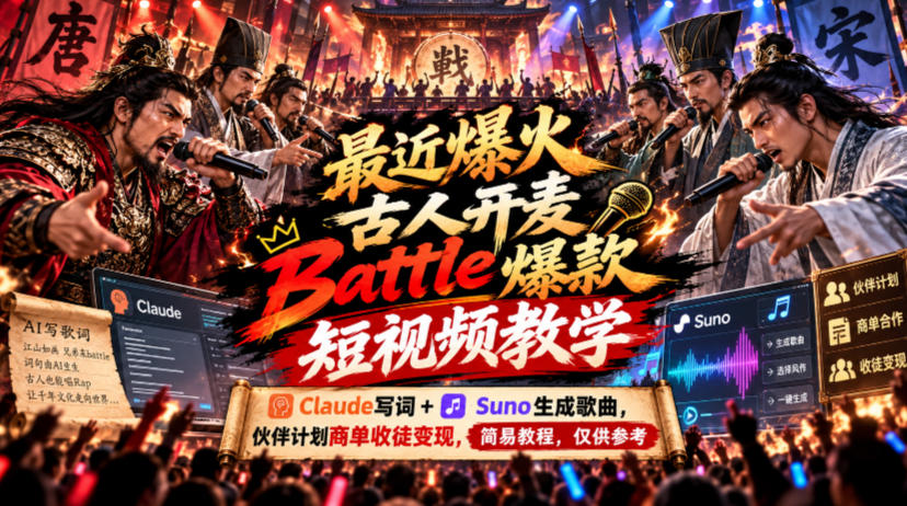 最近爆火古人开麦Battle爆款短视频教学，Claude写词+Suno生成歌曲，伙伴计划商单收徒变现，简易教程，仅供参考-我爱发帖