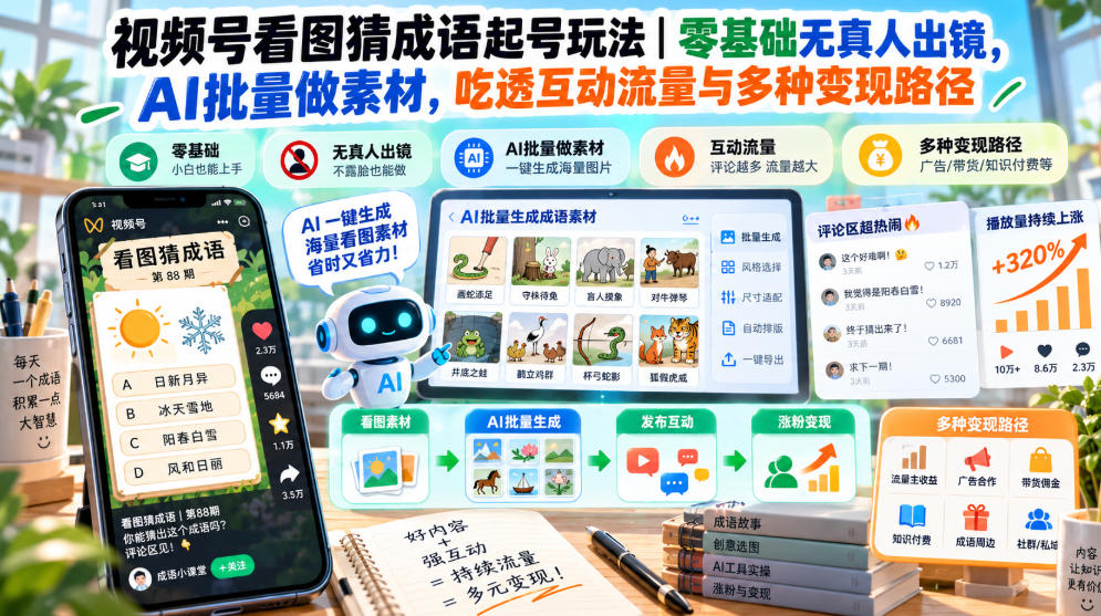视频号看图猜成语起号玩法｜零基础无真人出镜，AI批量做素材，吃透互动流量与多种变现路径-我爱发帖
