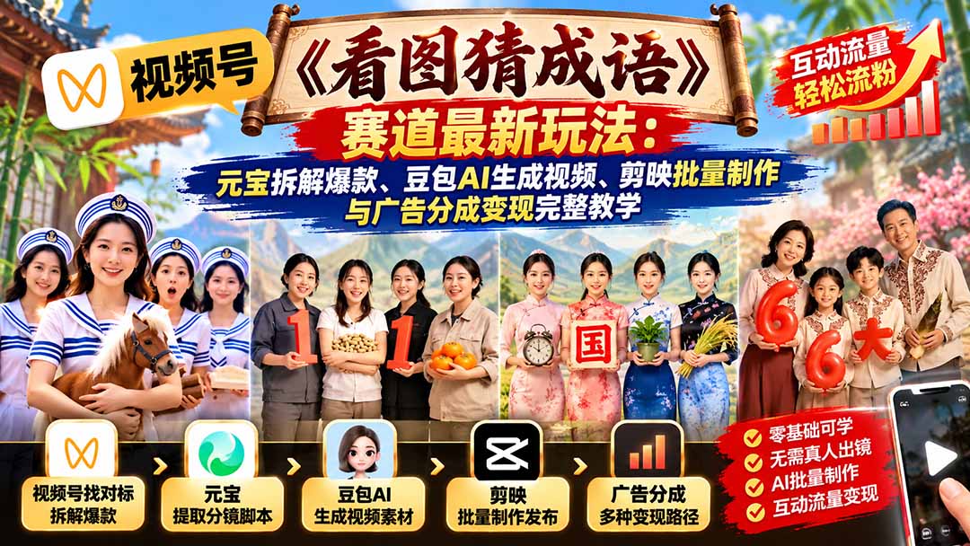 视频号《看图猜成语》赛道最新玩法:元宝拆解爆款、豆包AI生成视频、剪映批量制作与广告分成变现完整教学-我爱发帖