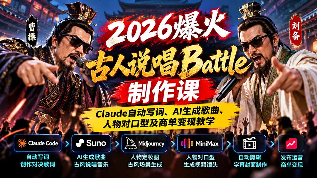 2026爆火古人说唱Battle制作课:Claude自动写词、AI生成歌曲、人物对口型及商单变现教学-我爱发帖