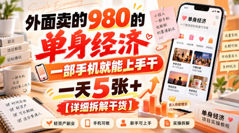 外面卖的980的单身经济，一部手机就能上手干，一天5张+【详细拆解干货】-我爱发帖