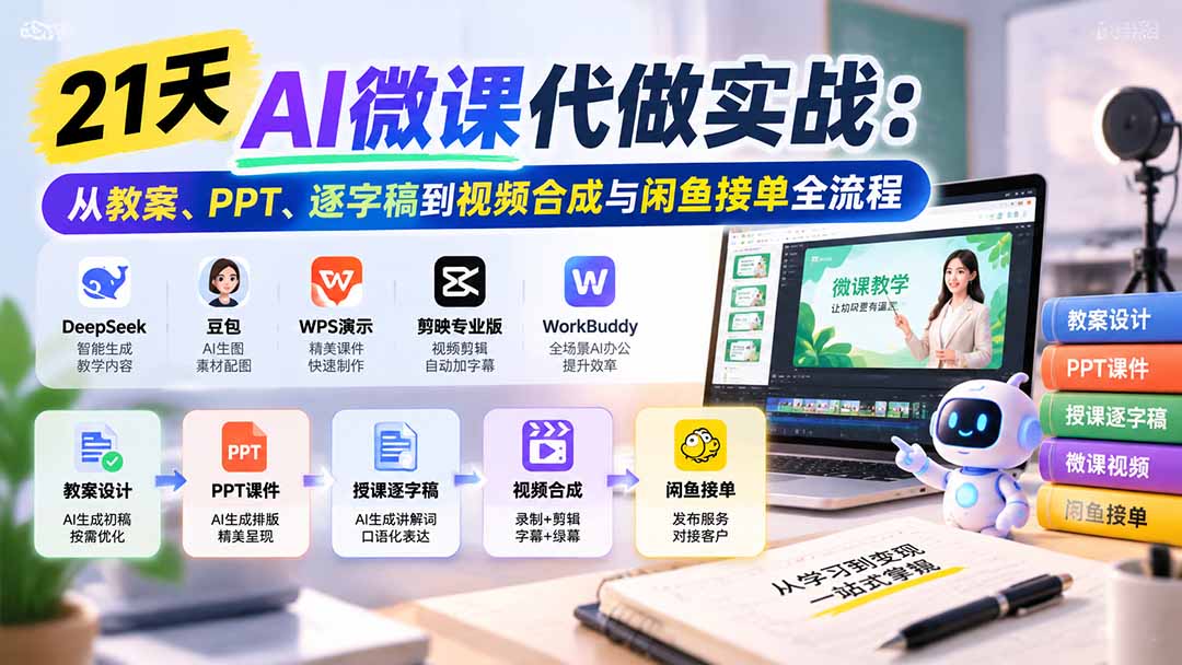 21天AI微课代做实战：从教案、PPT、逐字稿到视频合成与闲鱼接单全流程-我爱发帖