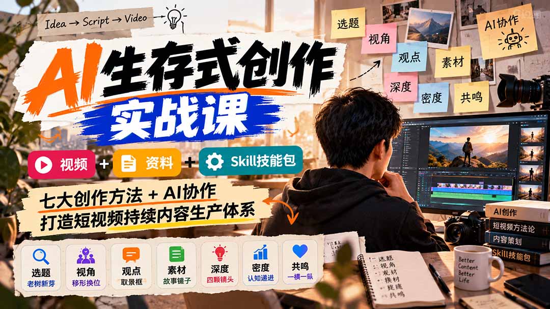 AI生存式创作实战课：视频+资料+Skill技能包，七大创作方法+AI协作，打造短视频持续内容生产体系-我爱发帖