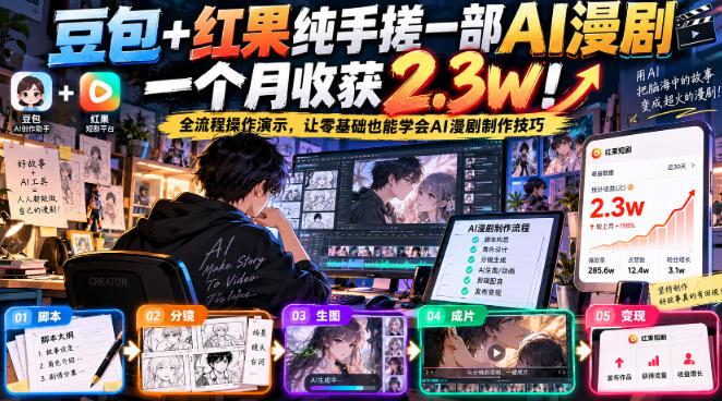 豆包+红果纯手搓一部AI漫剧一个月收获2.3w！全流程操作演示，让零基础也能学会AI漫剧制作技巧-我爱发帖