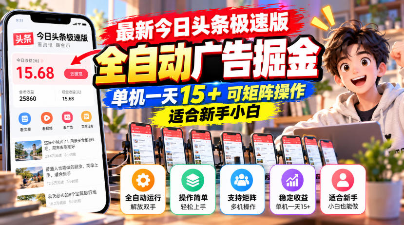 最新今日头条极速版全自动广告掘金，单机一天15+可矩阵操作适合新手小白-我爱发帖