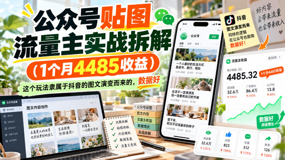公众号贴图流量主实战拆解(1个月4485收益)，这个玩法隶属于抖音的图文演变而来的，数据好-我爱发帖