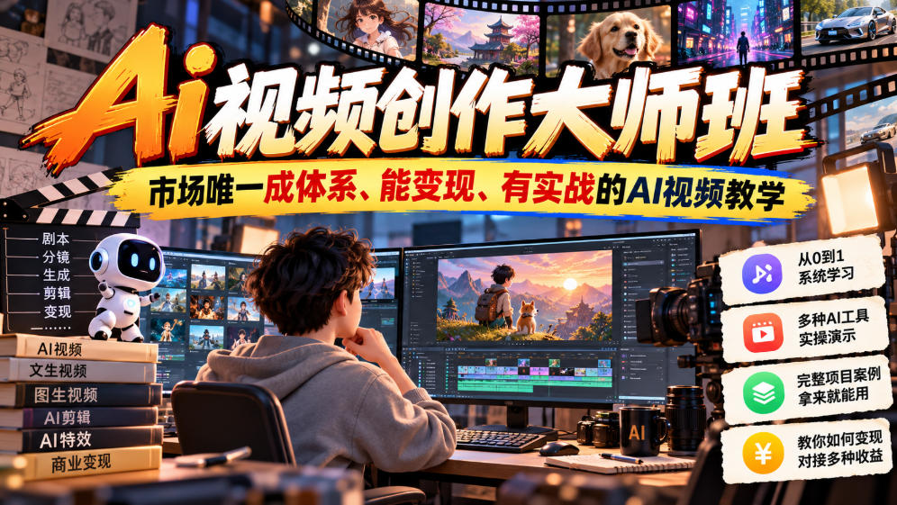 Ai视频创作大师班,市场唯一成体系、能变现、有实战的AI视频教学(更新2026)-我爱发帖