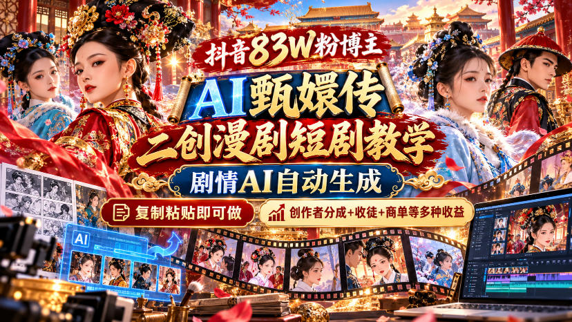 抖音83W粉博主AI甄嬛传二创漫剧短剧教学｜剧情AI自动生成，复制粘贴即可做，各大平台创作者分成+收徒等多种收益-我爱发帖