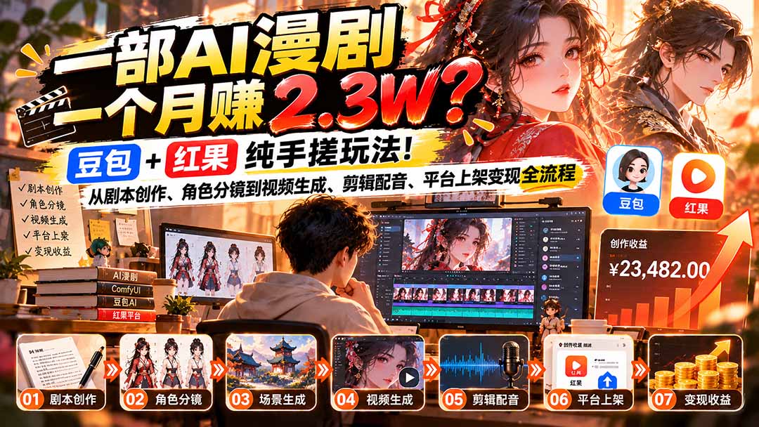一部AI漫剧一个月赚2.3W?豆包+红果纯手搓玩法!从剧本创作、角色分镜到视频生成、剪辑配音、平台上架变现全流程-我爱发帖