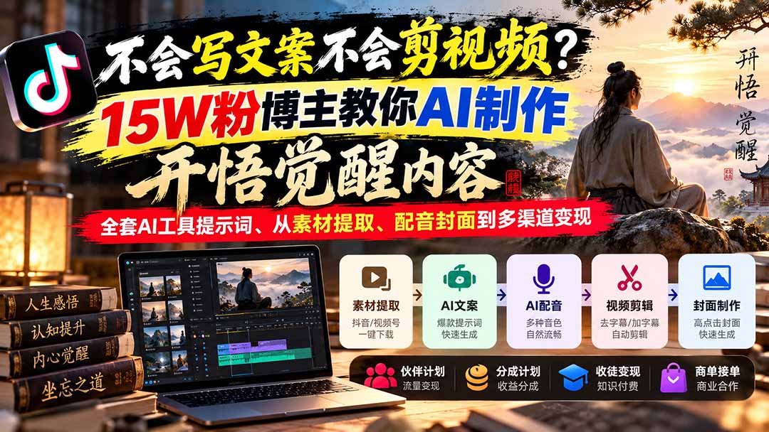 不会写文案不会剪视频？15W粉博主教你AI制作开悟觉醒内容，全套AI工具提示词、从素材提取、配音封面到多渠道变现-网创之家