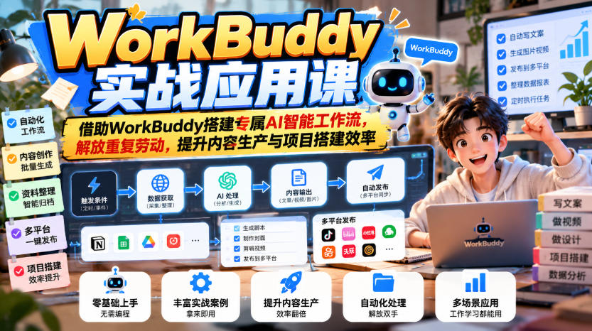 WorkBuddy实战应用课,借助WorkBuddy搭建专属AI智能工作流,解放重复劳动,提升内容生产与项目搭建效率