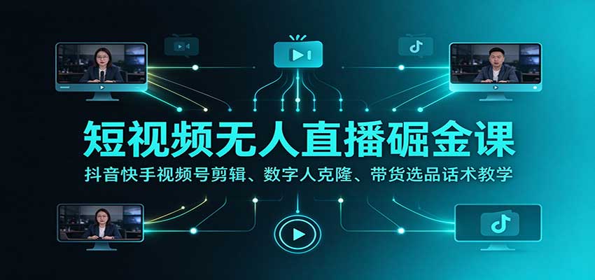短视频无人直播掘金课:抖音快手视频号剪辑、数字人克隆、带货选品话术教学-我爱发帖