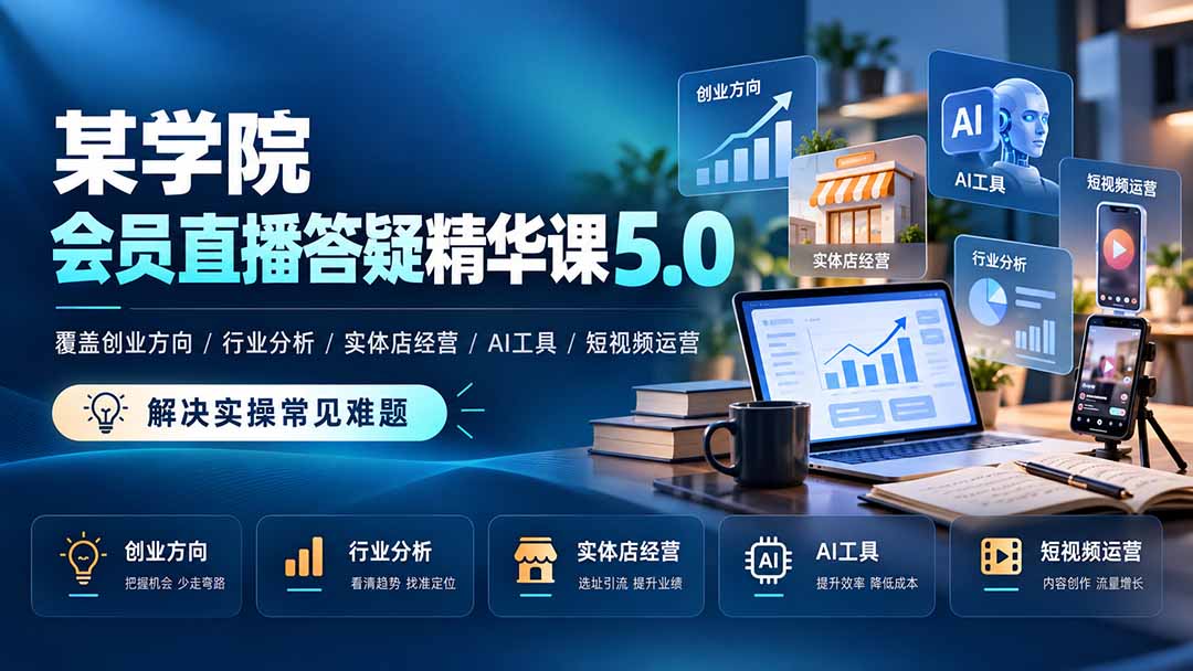 某学院会员直播答疑精华课5.0:覆盖创业方向、行业分析、实体店经营、AI工具和短视频运营,解决实操常见难题!-我爱发帖