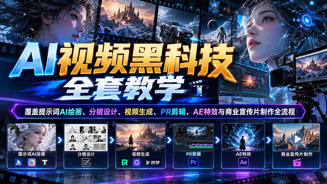 AI视频黑科技全套教学:覆盖提示词AI绘画、分镜设计、视频生成、PR剪辑、AE特效与商业宣传片制作全流程-我爱发帖
