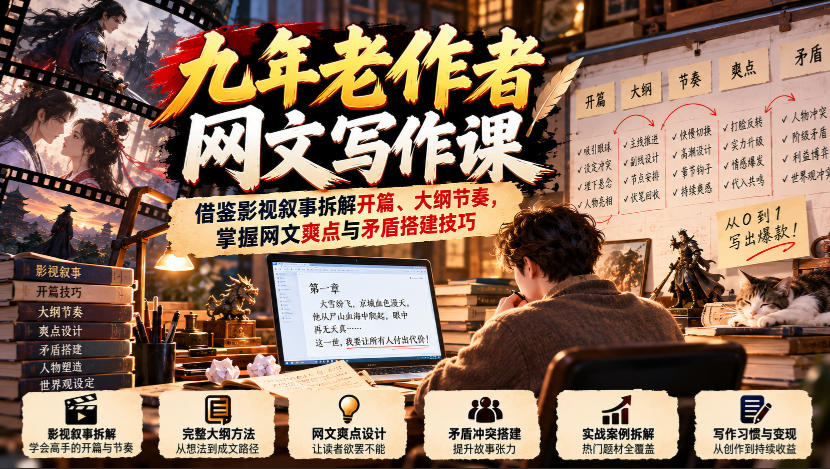 九年老作者网文写作课：借鉴影视叙事拆解开篇、大纲节奏，掌握网文爽点与矛盾搭建技巧-我爱发帖