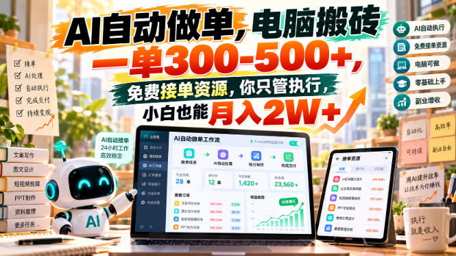 AI自动做单，电脑搬砖一单300-500+，免费接单资源，你只管执行，小白也能月入2W+【揭秘】｜焦圣希 18818568866