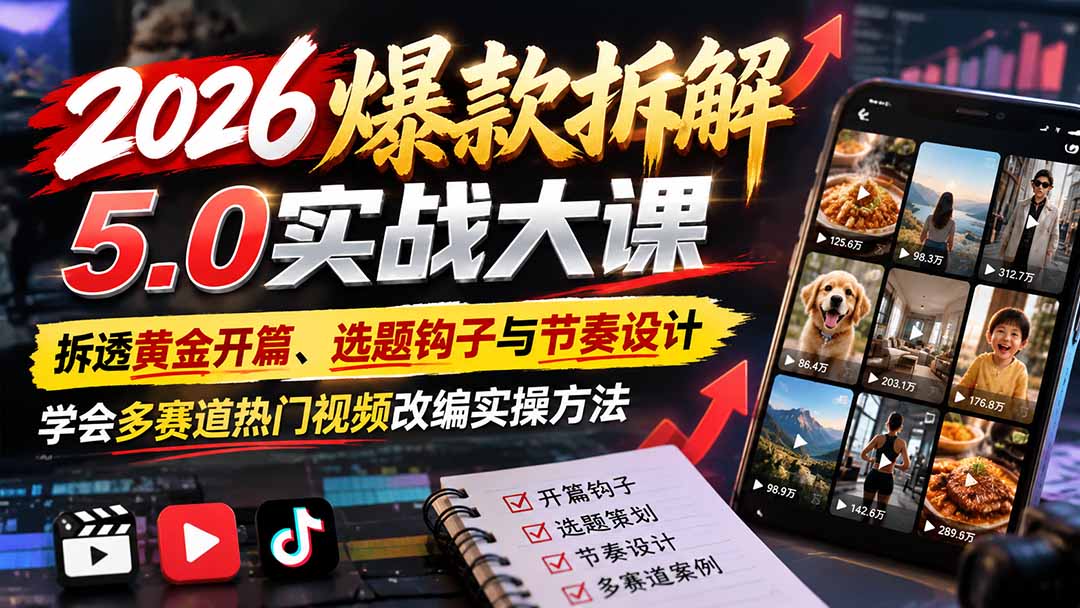 2026爆款拆解5.0实战大课：拆透黄金开篇、选题钩子与节奏设计，学会多赛道热门视频改编实操方法-我爱发帖