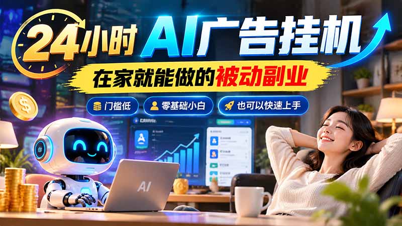 24小时AI广告挂机｜在家就能做的被动副业，门槛低，零基础小白也可以快速上手-我爱发帖