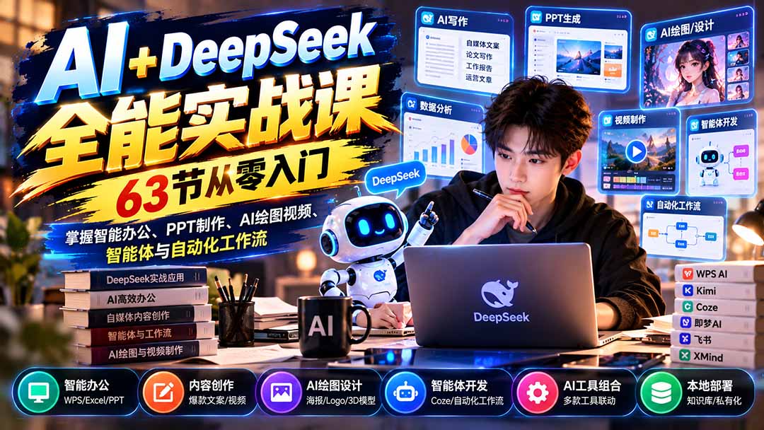 AI+DeepSeek全能实战课：63节从零入门，掌握智能办公、PPT制作、AI绘图视频、智能体与自动化工作流-我爱发帖