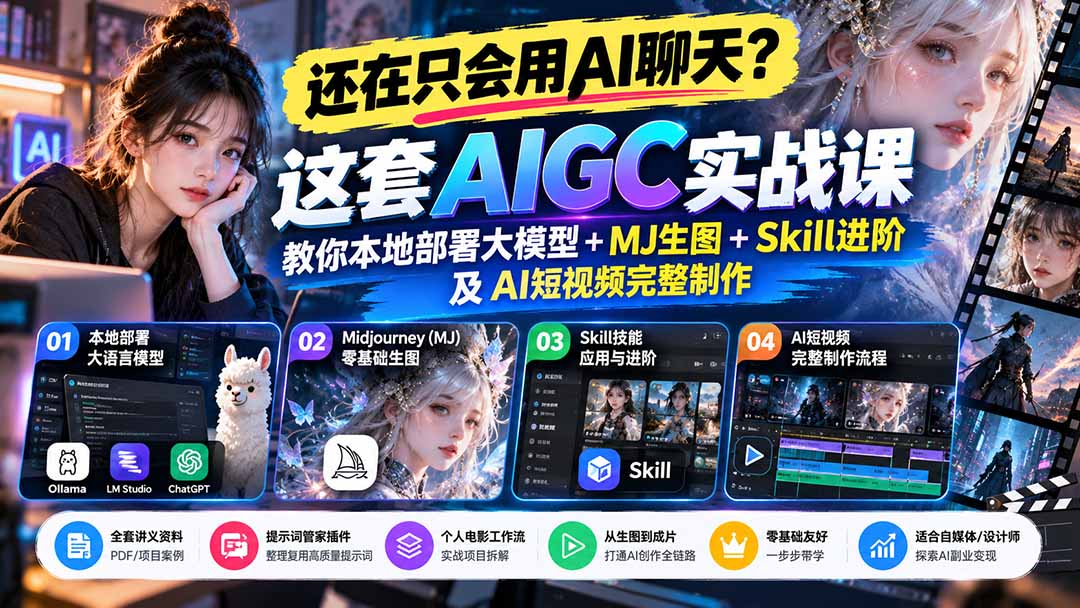 【无水印】还在只会用AI聊天?这套AIGC实战课教你本地部署大模型+MJ生图+Skill进阶及AI短视频完整制作-我爱发帖