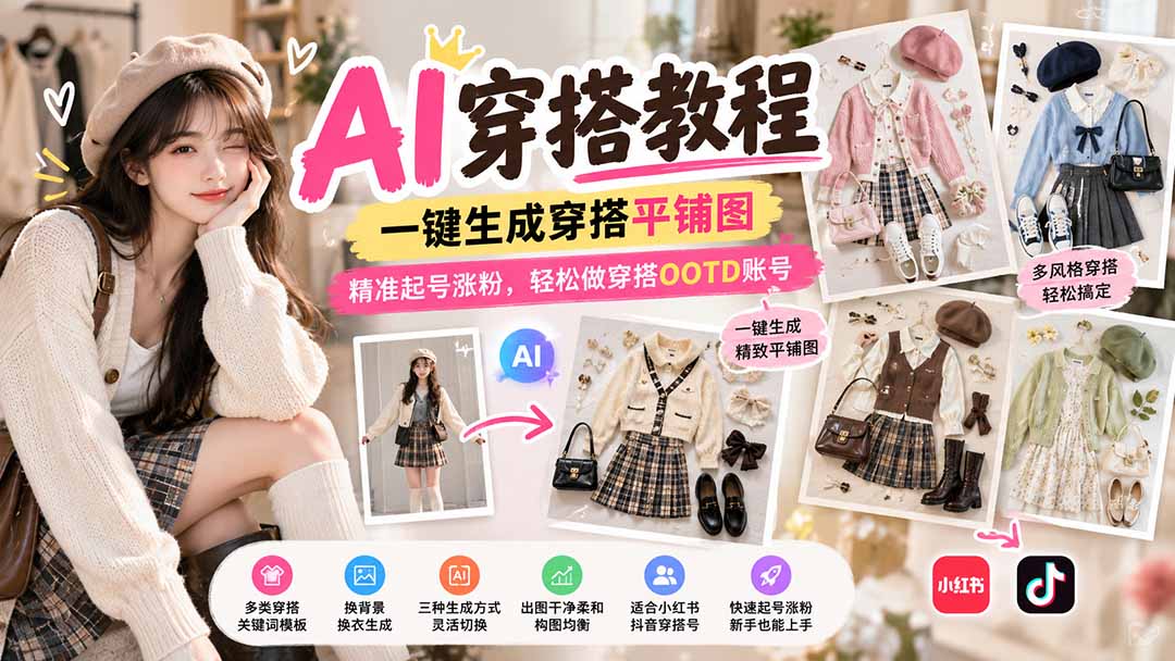 【无水印】AI穿搭教程｜一键生成穿搭平铺图，精准起号涨粉，轻松做穿搭OOTD账号-我爱发帖