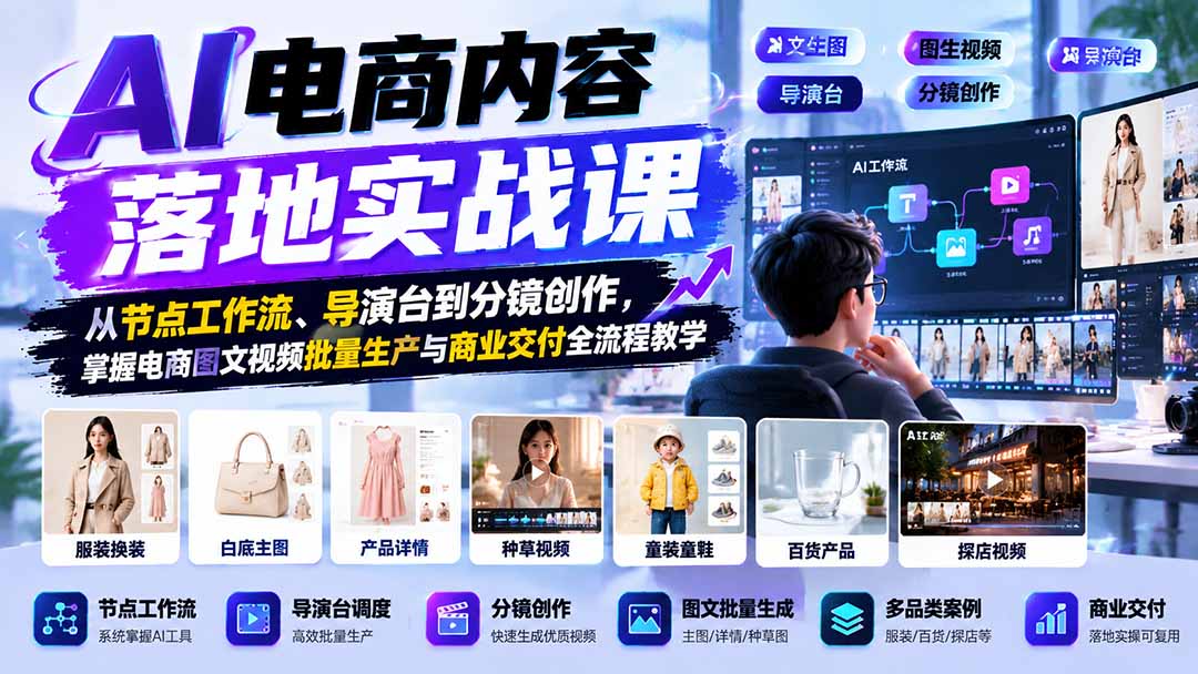 AI电商内容落地实战课：从节点工作流、导演台到分镜创作，掌握电商图文视频批量生产与商业交付全流程教学-小艾项目网
