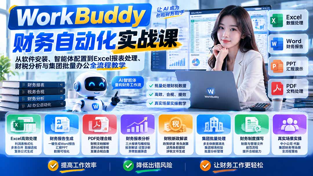 WorkBuddy财务自动化实战课：从软件安装、智能体配置到Excel报表处理、财税分析与集团批量办公全流程教学-我爱发帖