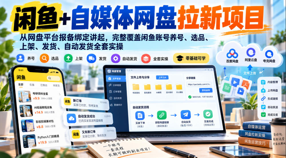 闲鱼+自媒体网盘拉新项目，从网盘平台报备绑定讲起，完整覆盖闲鱼账号养号、选品、上架、发货、自动发货全套实操-我爱发帖