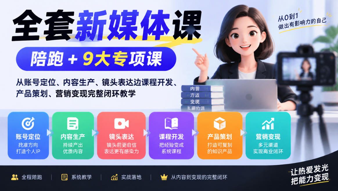 全套新媒体课｜陪跑+9大专项课，从账号定位、内容生产、镜头表达到课程开发、产品策划、营销变现完整闭环教学