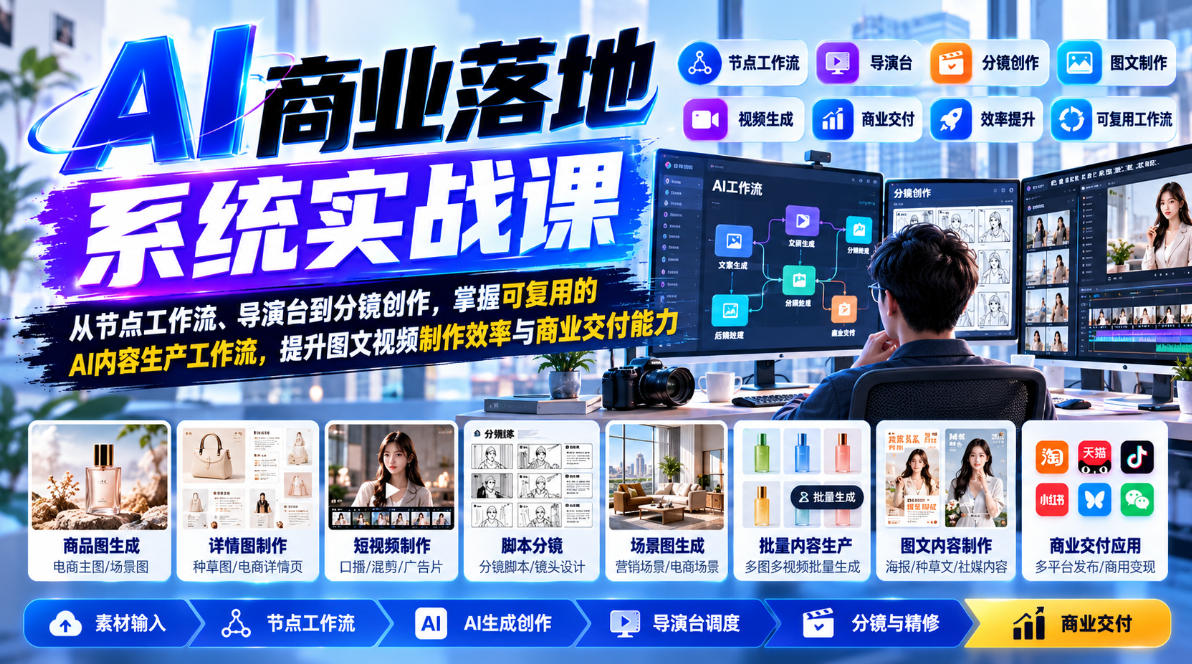 【无水印】AI商业落地系统实战课,从节点工作流、导演台到分镜创作,掌握可复用的AI内容生产工作流,提升图文视频制作效率与商业交付能力-我爱发帖