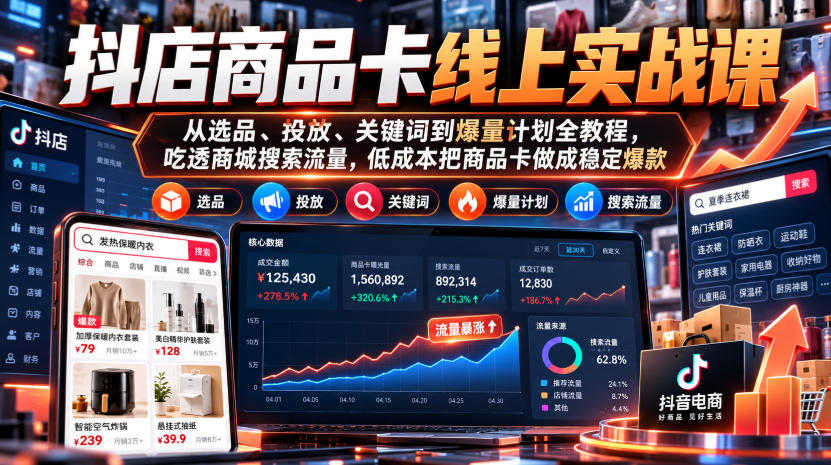 抖店商品卡线上实战课｜从选品、投放、关键词到爆量计划全教程，吃透商城搜索流量，低成本把商品卡做成稳定爆款-我爱发帖