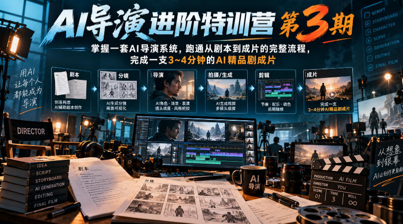 AI导演进阶特训营第3期，掌握一套AI导演系统，跑通从剧本到成片的完整流程，完成一支3~4分钟的AI精品剧成片(附1、2期)-我爱发帖