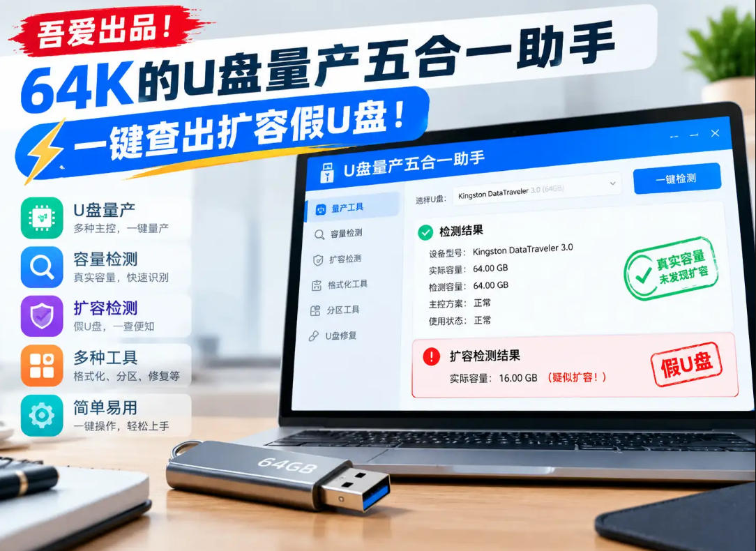 吾爱出品！64K的U盘量产五合一助手，一键查出扩容假U盘！-我爱发帖