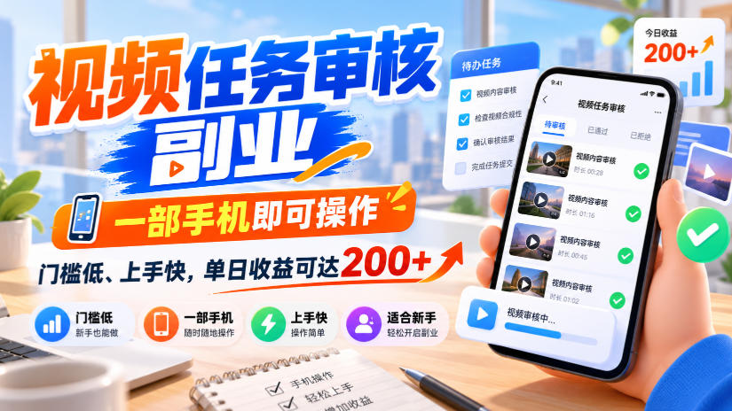 视频任务审核副业,一部手机即可操作,门槛低、上手快,单日收益可达200+【揭秘】-我爱发帖