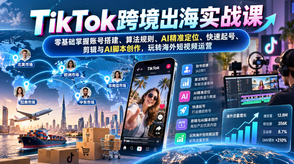 TikTok跨境出海实战课：零基础掌握账号搭建、算法规则、AI精准定位、快速起号、剪辑与AI脚本创作，玩转海外短视频运营-我爱发帖