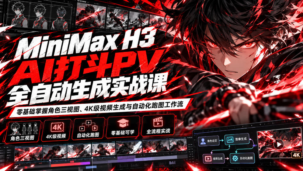 MiniMax H3 AI打斗PV全自动生成实战课:零基础掌握角色三视图、4K级视频生成与自动化跑图工作流-知梦网创