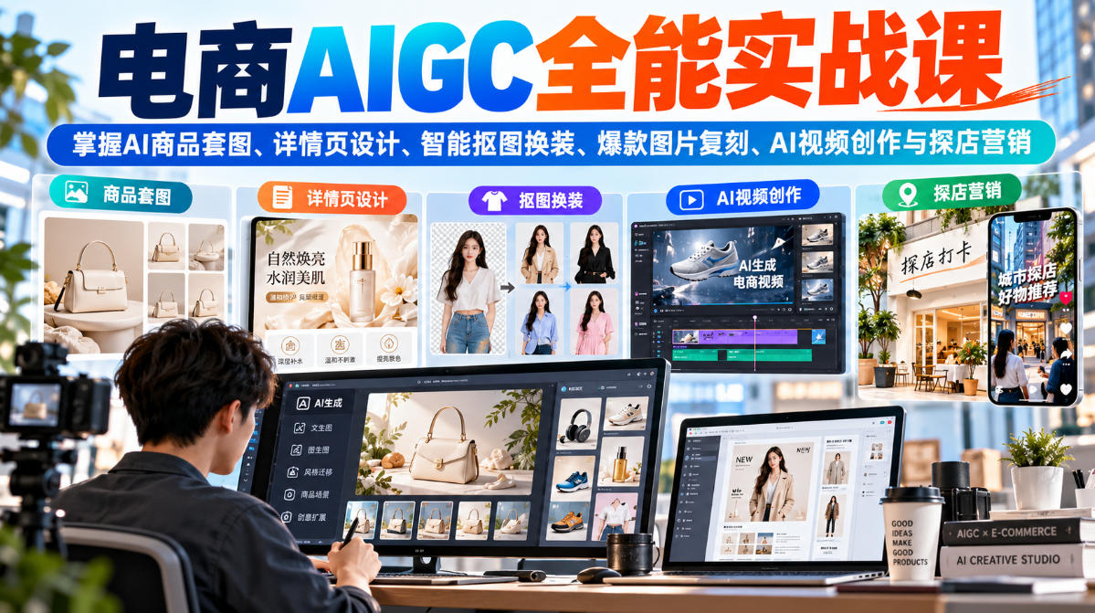 电商AIGC全能实战课：掌握AI商品套图、详情页设计、智能抠图换装、爆款图片复刻、AI视频创作与探店营销-我爱发帖