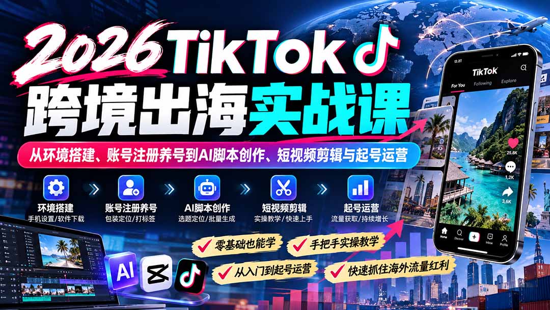 2026TikTok跨境出海实战课：从环境搭建、账号注册养号到AI脚本创作、短视频剪辑与起号运营-我爱发帖