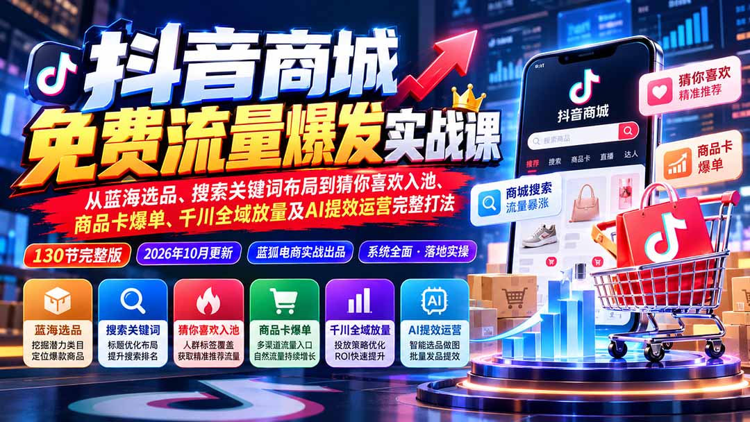 抖店城免费流量爆发实战-更新：蓝海选品、搜索关键词布局到猜你喜欢入池、商品卡爆单、千川全域放量及AI提效完整打法-我爱发帖