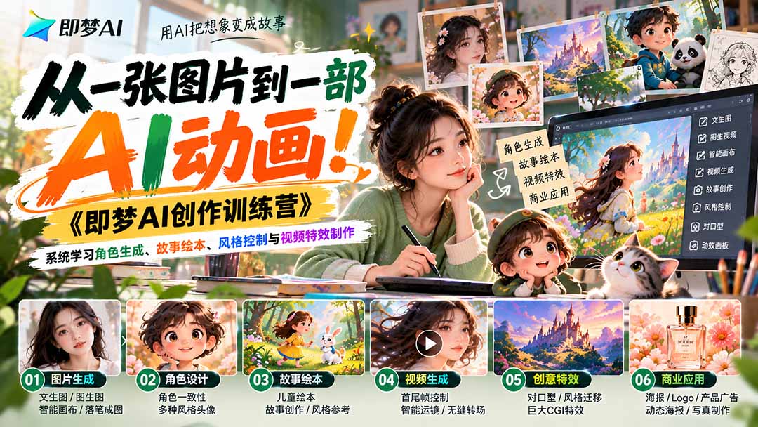 【无水印】从一张图片到一部AI动画！《即梦AI创作训练营》系统学习角色生成、故事绘本、风格控制与视频特效制作-我爱发帖