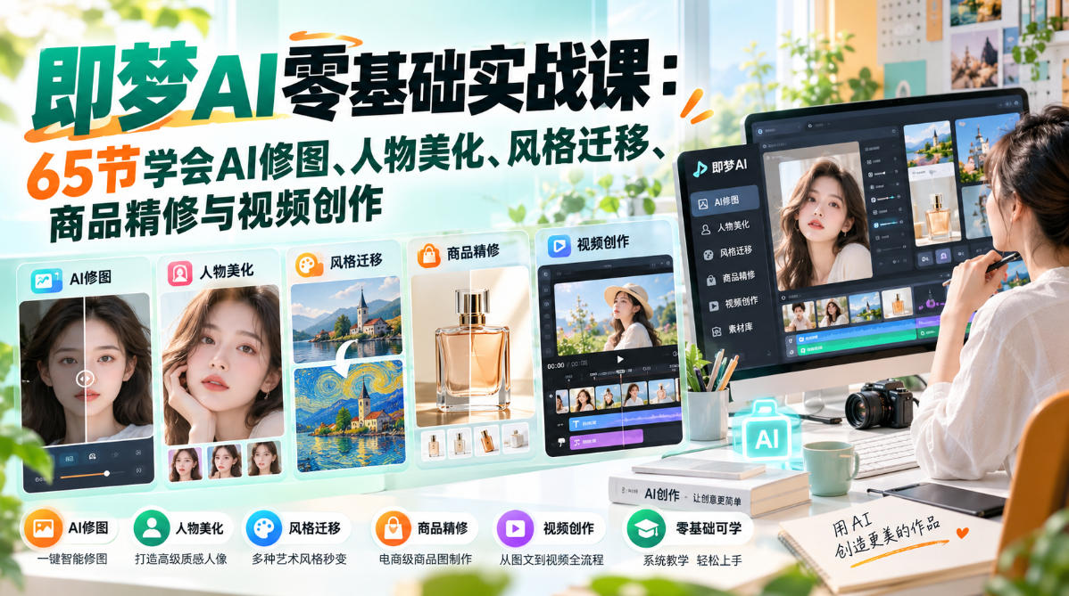 即梦AI零基础实战课：65节学会AI修图、人物美化、风格迁移、商品精修与视频创作-知梦网创
