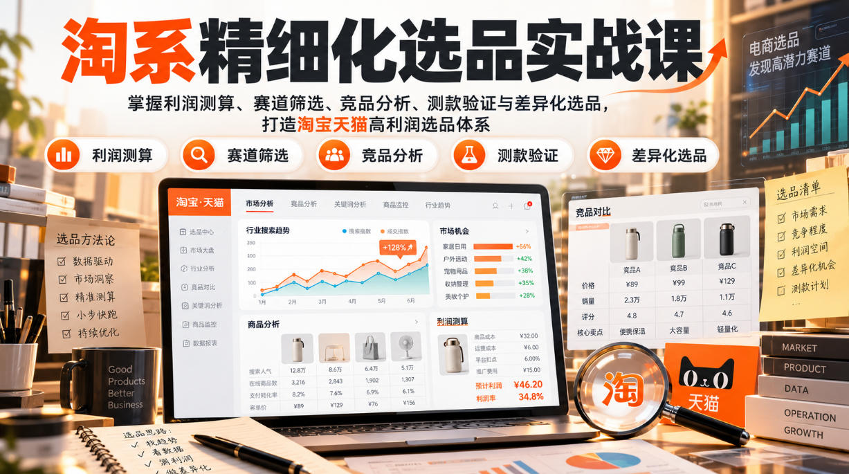 货架电商精细化选品实战课：掌握利润测算、赛道筛选、竞品分析、测款验证与差异化选品，打造淘宝天猫高利润选品体系-我爱发帖