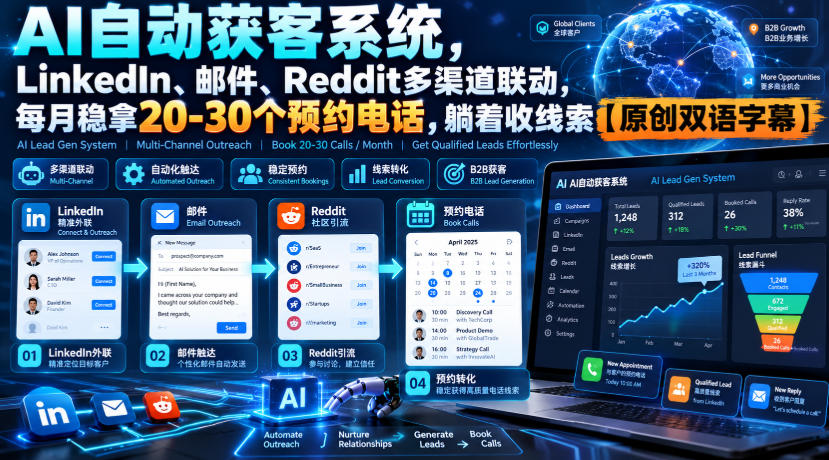 【无水印】AI自动获客系统，LinkedIn、邮件、Reddit多渠道联动，每月稳拿20-30个预约电话，躺着收线索【原创双语字幕】-我爱发帖
