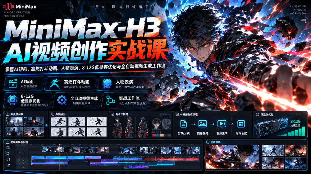 MiniMax-H3 AI视频创作实战课，掌握AI短剧、高燃打斗动画、人物表演、8-12G低显存优化与全自动视频生成工作流-我爱发帖