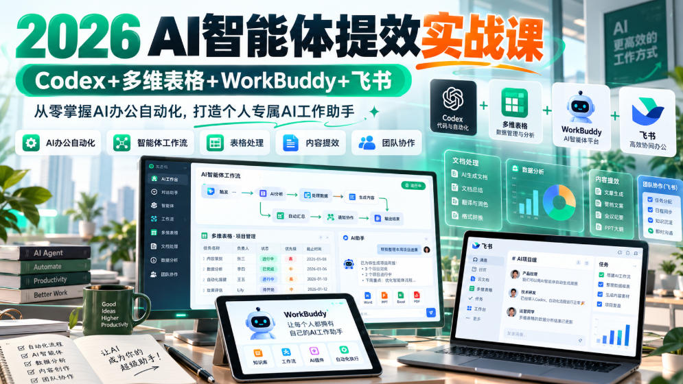 2026 AI智能体提效实战课：Codex+多维表格+WorkBuddy+飞书，从零掌握AI办公自动化，打造个人专属AI工作助手-吾爱自习网