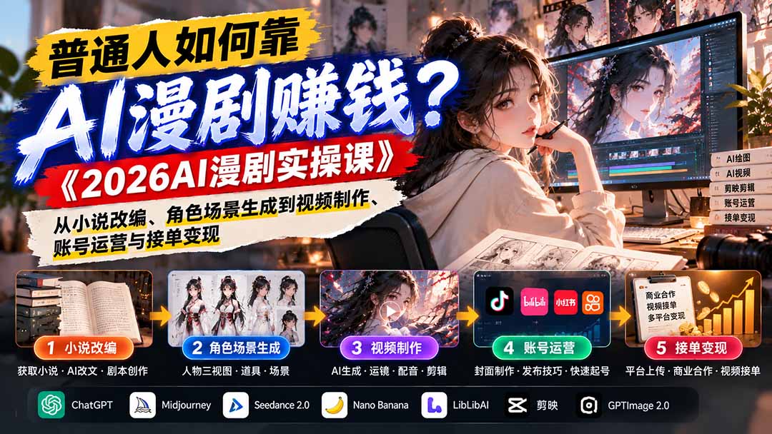 普通人如何靠AI漫剧赚钱？《2026AI漫剧实操课》从小说改编、角色场景生成到视频制作、账号运营与接单变现-吾爱自习网