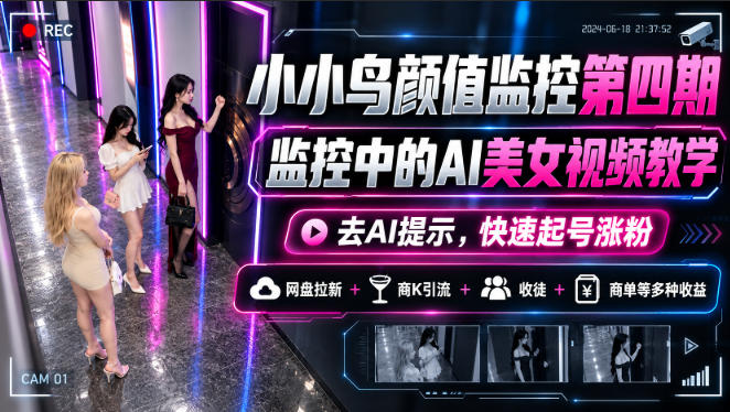 小小鸟颜值监控第四期，监控中的AI美女视频教学，去AI提示，快速起号涨粉，网盘拉新+商K引流+收徒+商单等多种收益-我爱发帖