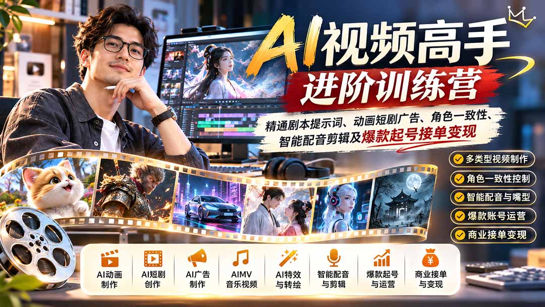 AI视频高手进阶训练营：精通剧本提示词、动画短剧广告、角色一致性、智能配音剪辑及爆款起号接单变现-我爱发帖