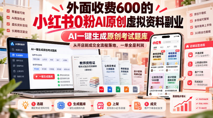 外面收费600的小红书0粉AI原创虚拟资料副业，AI一键生成原创考试题库，从开店到成交全流程落地，一单全是利润-我爱发帖